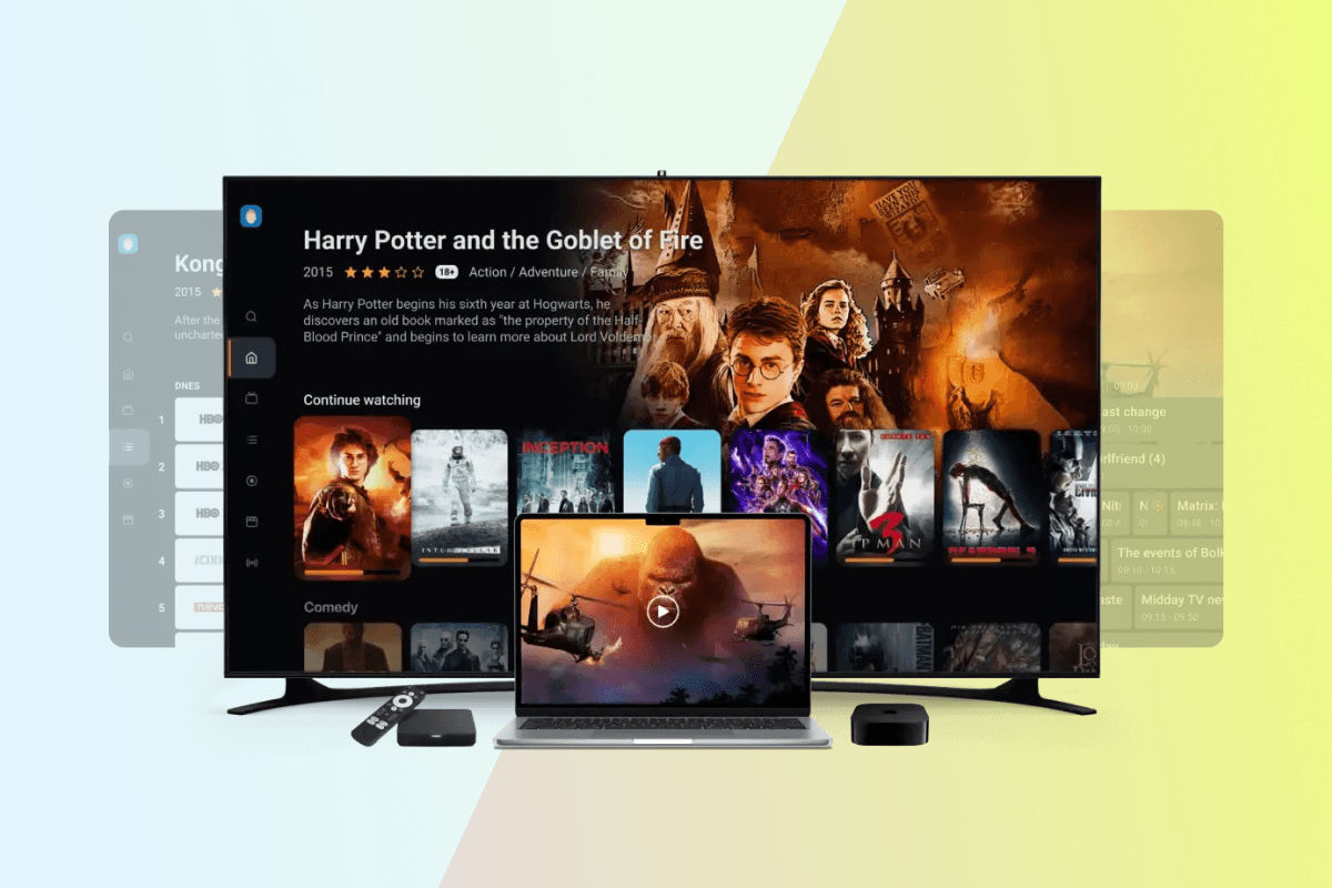 Smart TV screen displaying streaming content and devices in the center.