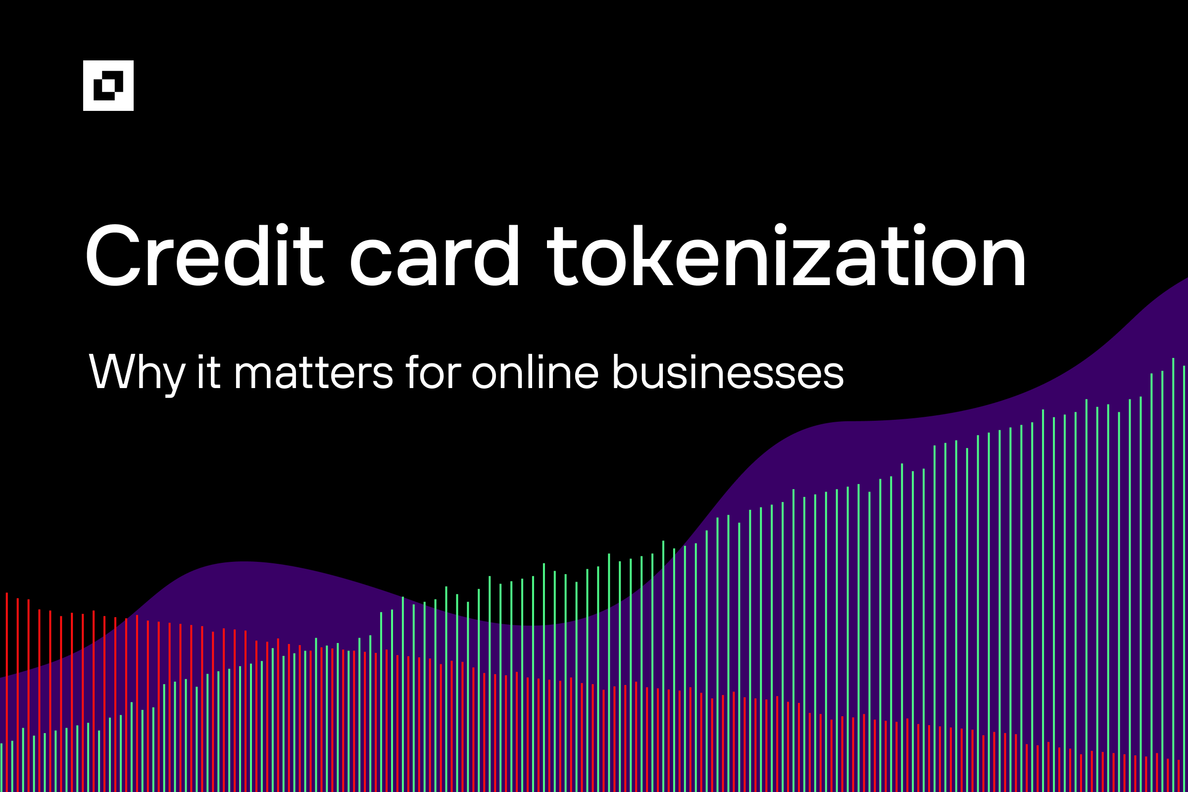 Black background with white text 'Credit card tokenization: Why it matters for online businesses?' Below, colorful wavy lines create a dynamic, modern feel.