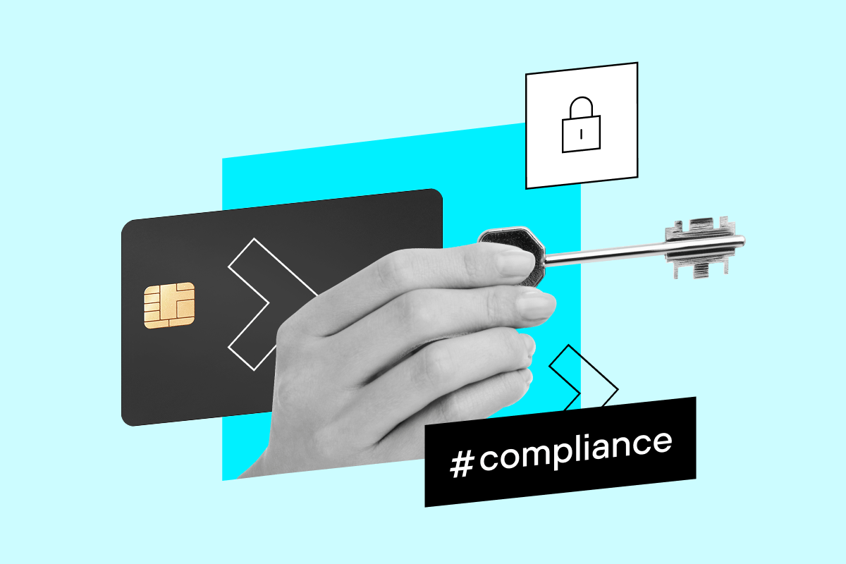 A hand holds a key with a bank card, padlock icon, and "compliance" label, symbolizing payment security and regulatory compliance.
