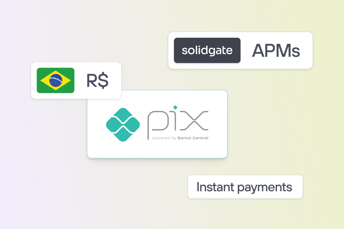 Graphic with Brazilian flag and currency symbol, Pix logo, and labels reading Solidgate APMs and Instant payments.