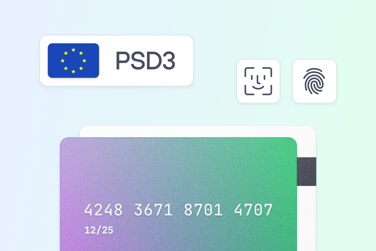 PSD3 European payment regulations with a colorful payment card, face ID and fingerprint icons, and a card number and expiry date.