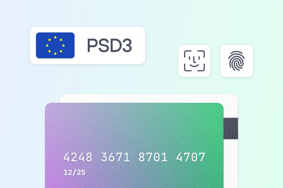 European Union flag, PSD3 text, biometric icons, and a credit card.