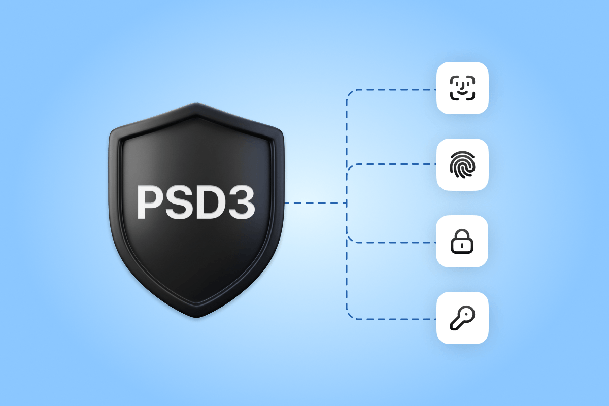 Black shield with PSD3 text linking to facial scan, fingerprint, padlock, and key icons.