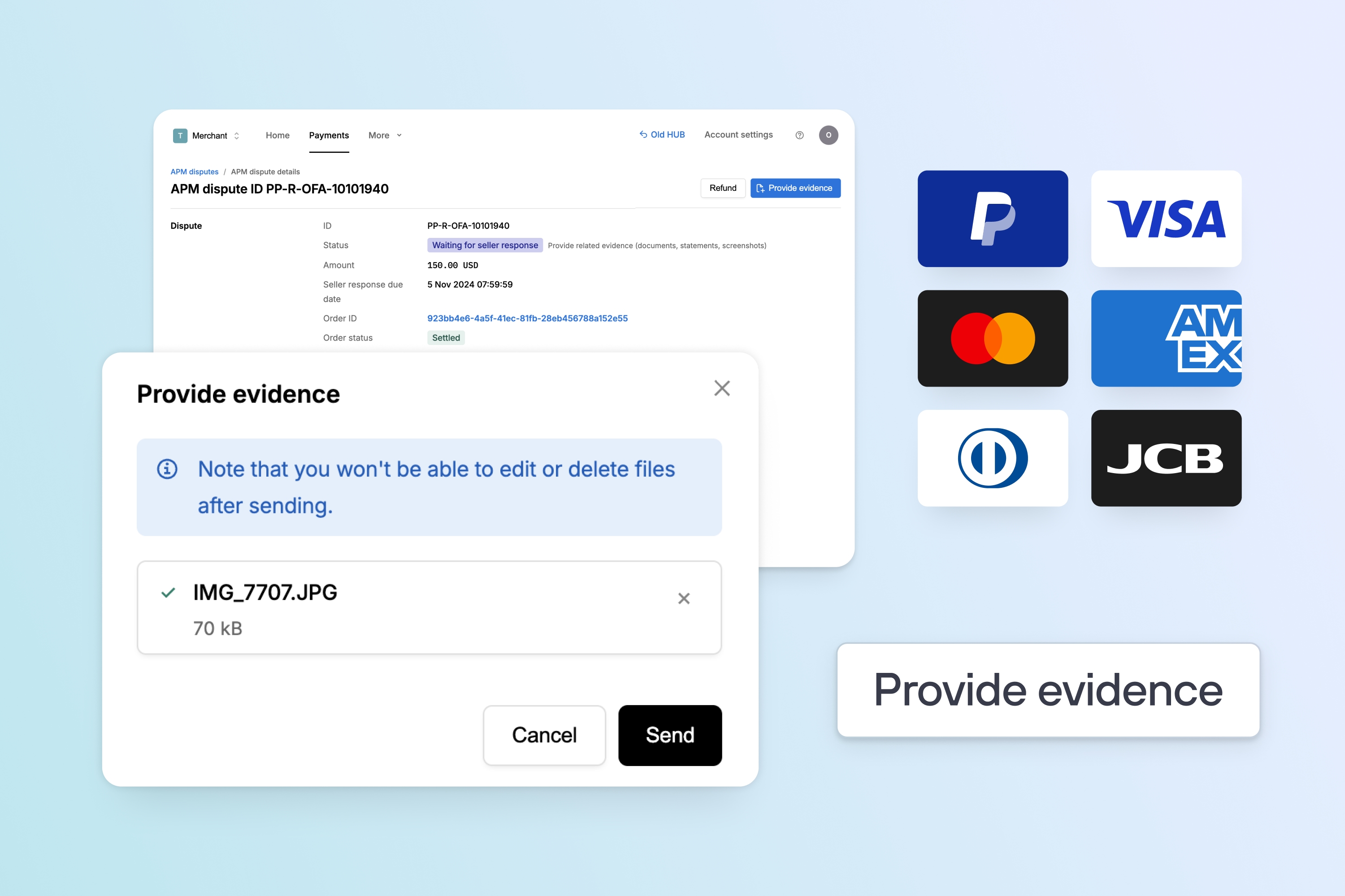 Cover image showing a Provide evidence upload dialog for a dispute, with PayPal and major card network logos on the right.