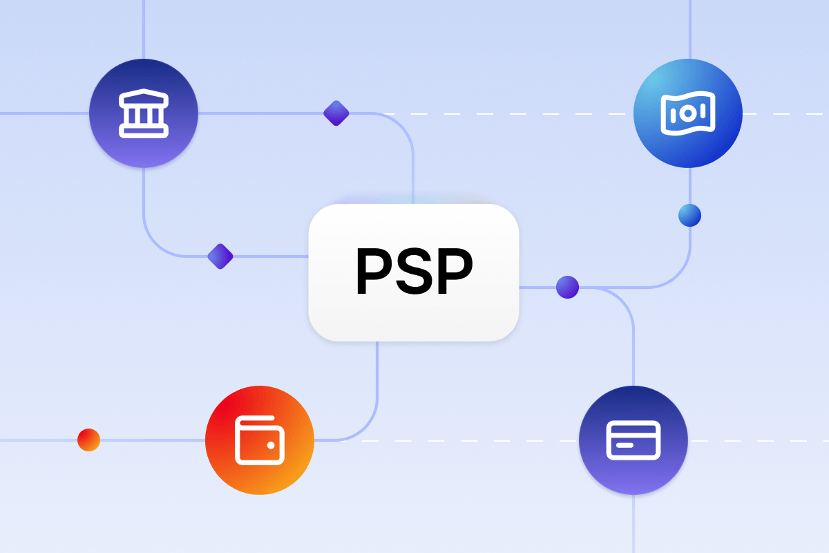 Diagram showing PSP (Payment Service Provider) connecting icons for bank, money, wallet, and credit card.