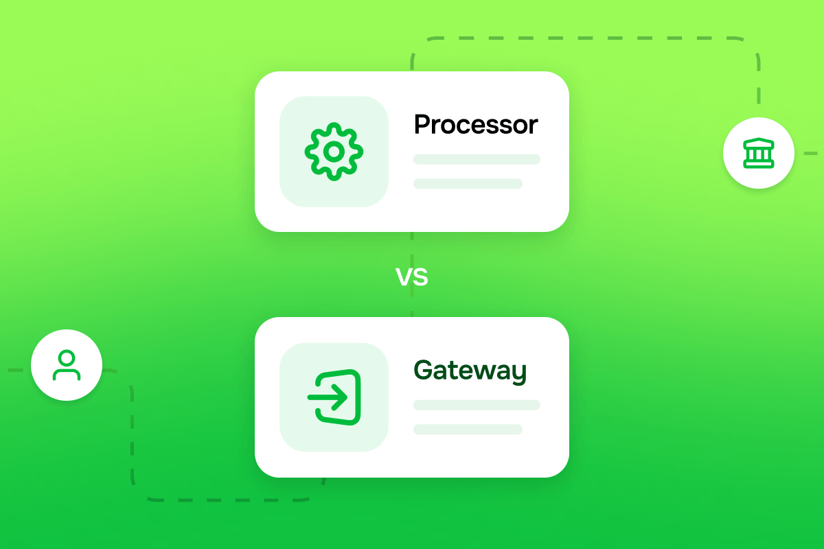 Illustration comparing a Processor (gear icon) with a Gateway (door icon) in a green background.