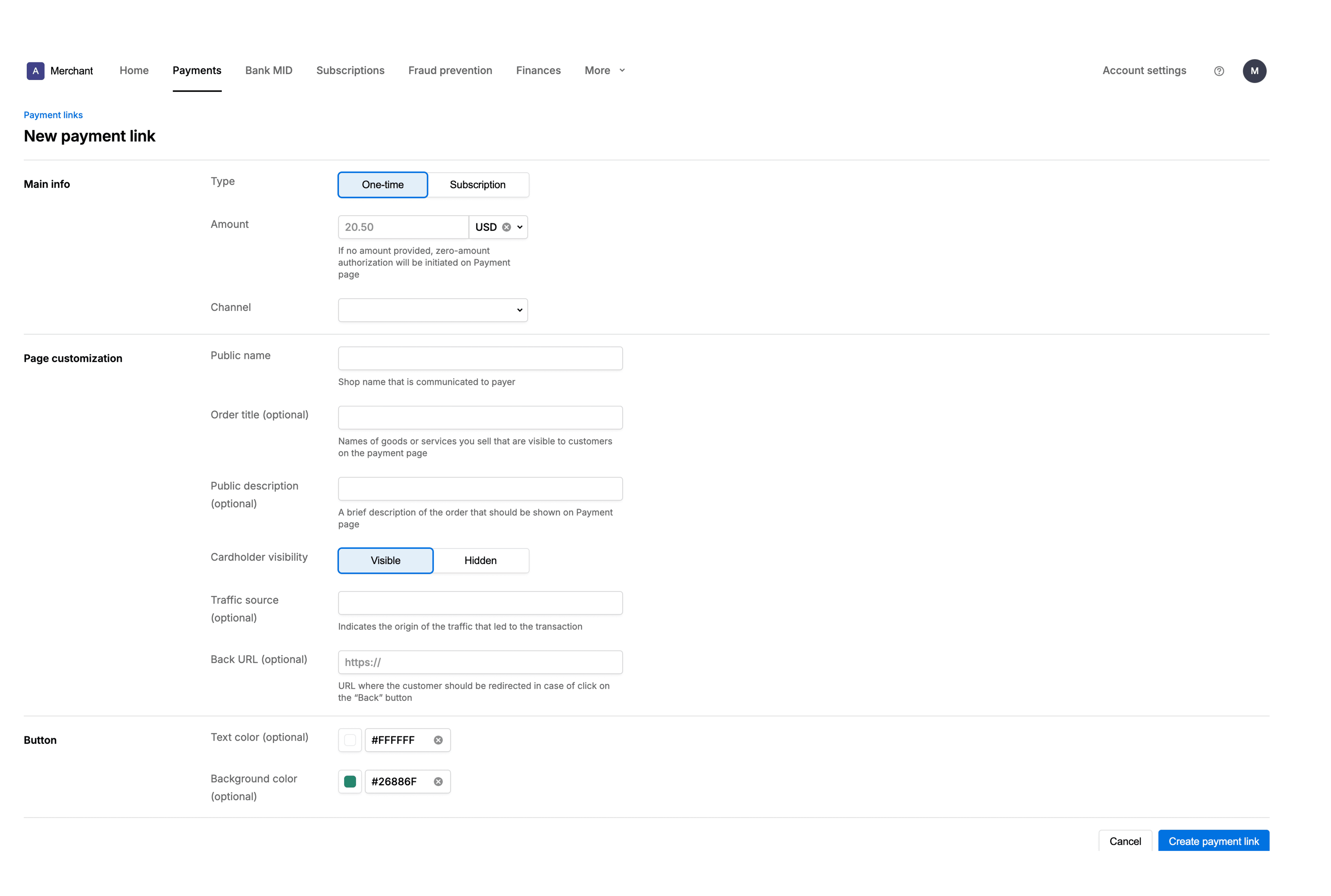 Payment link creation screen with options for one-time or subscription payments, amount, and detailed page customization settings.