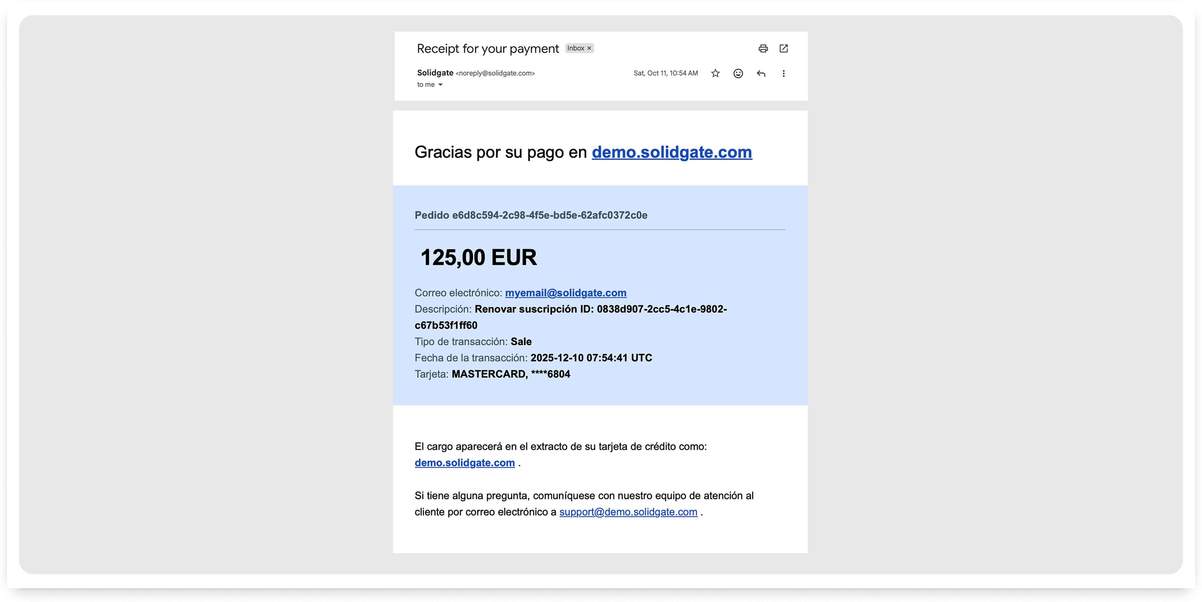 Email receipt showing a payment of 125.00 EUR from autoliquidate.com.