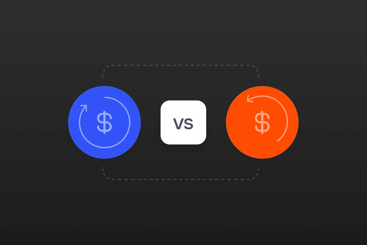 Blue and orange circular dollar signs with cyclical arrows and a 'VS' comparison.