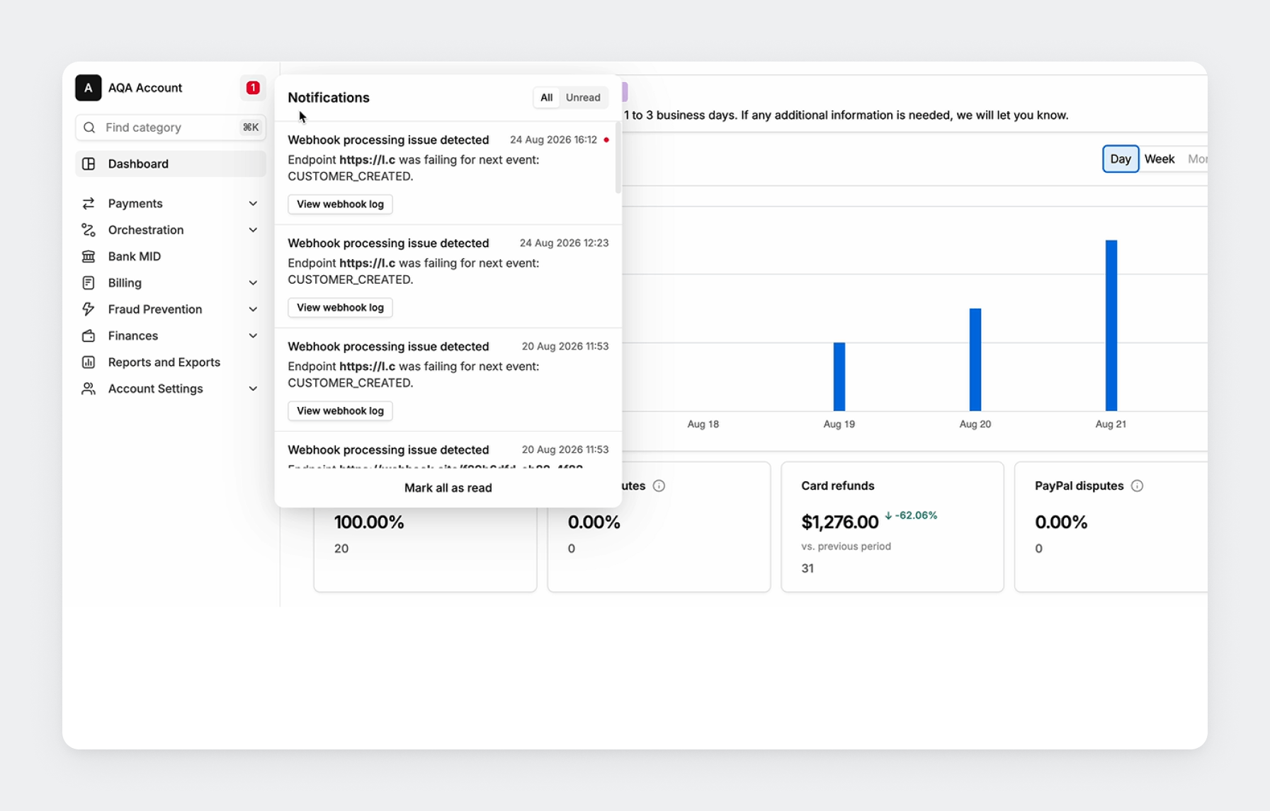 A dropdown menu displaying multiple 'Webhook processing issue detected' notifications.