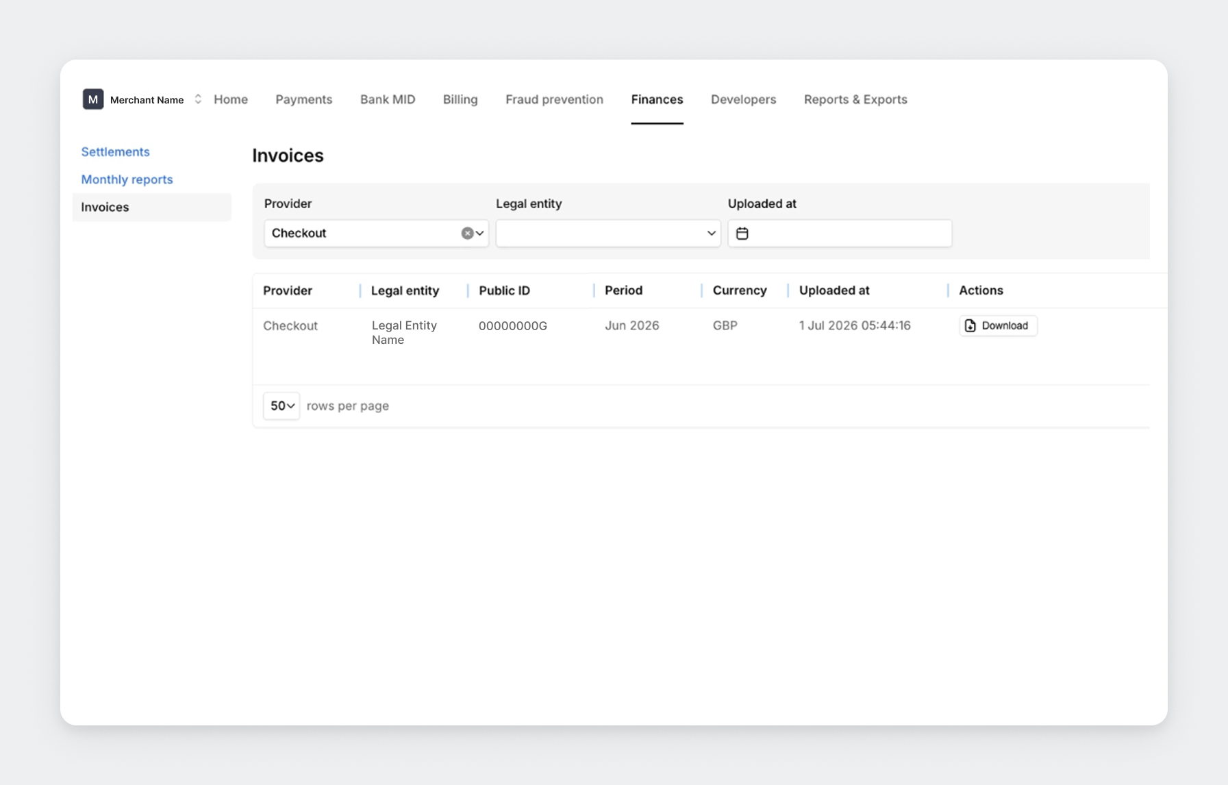 An invoices table displaying details like provider, legal entity, public ID, period, currency, and upload date.