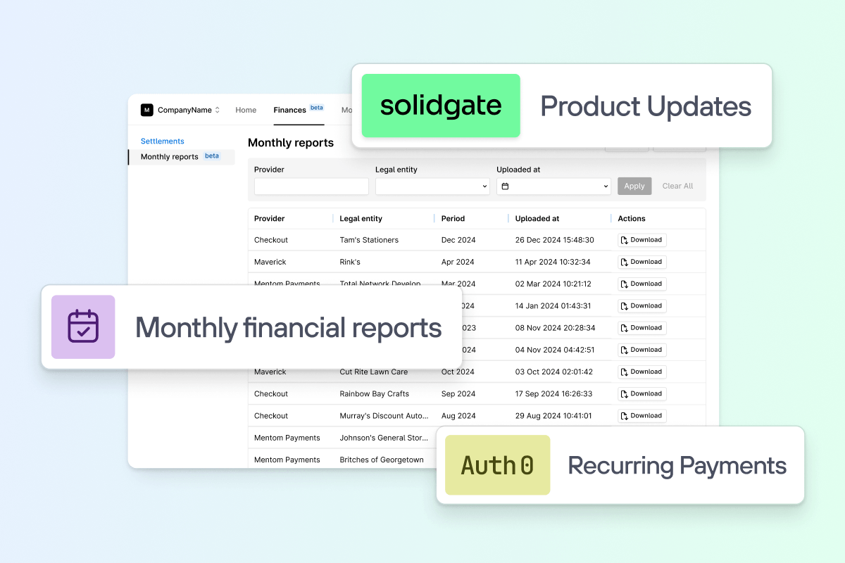 Solidgate monthly reports dashboard with table of financial reports, and feature labels for product updates, monthly financial reports, and recurring payments.