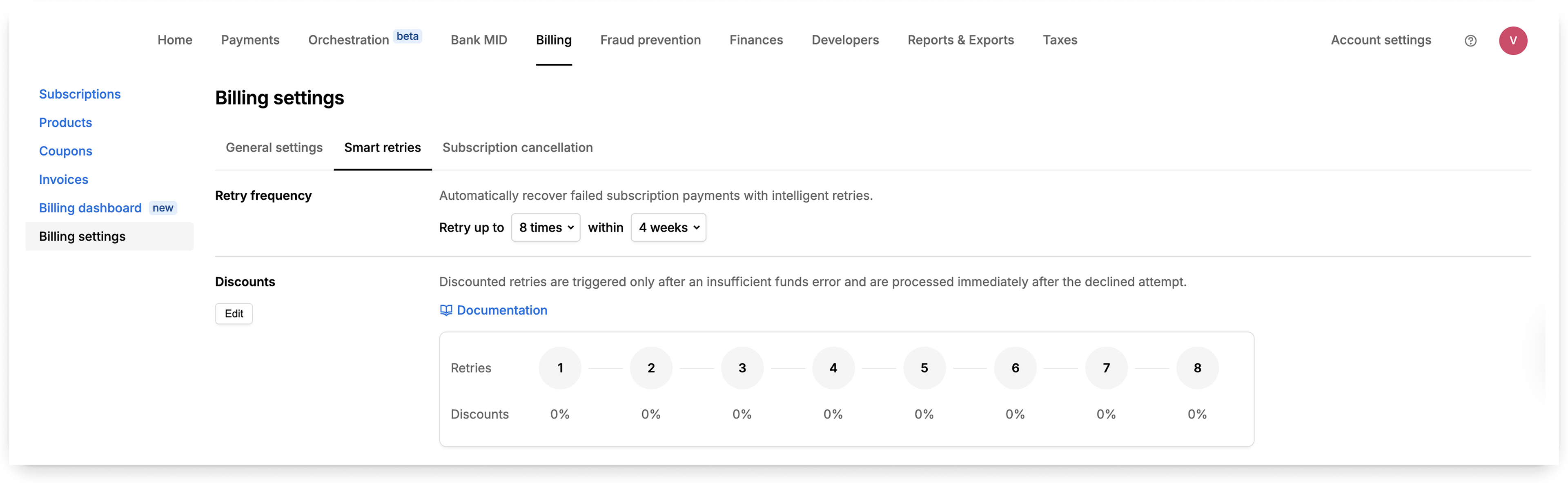 A web interface displaying billing settings, including options for frequency and daily limits.