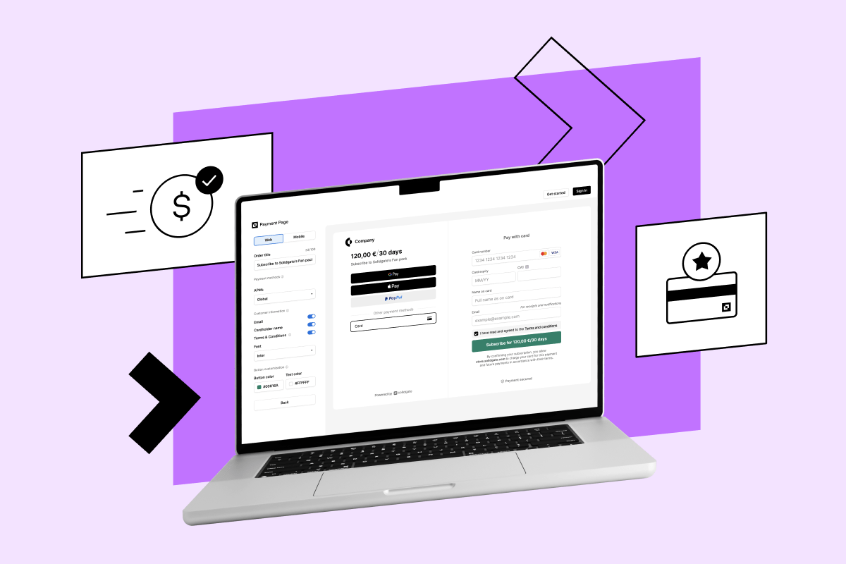 Laptop displaying a payment interface on screen, surrounded by icons of dollar signs and a credit card. Purple and white geometric background.