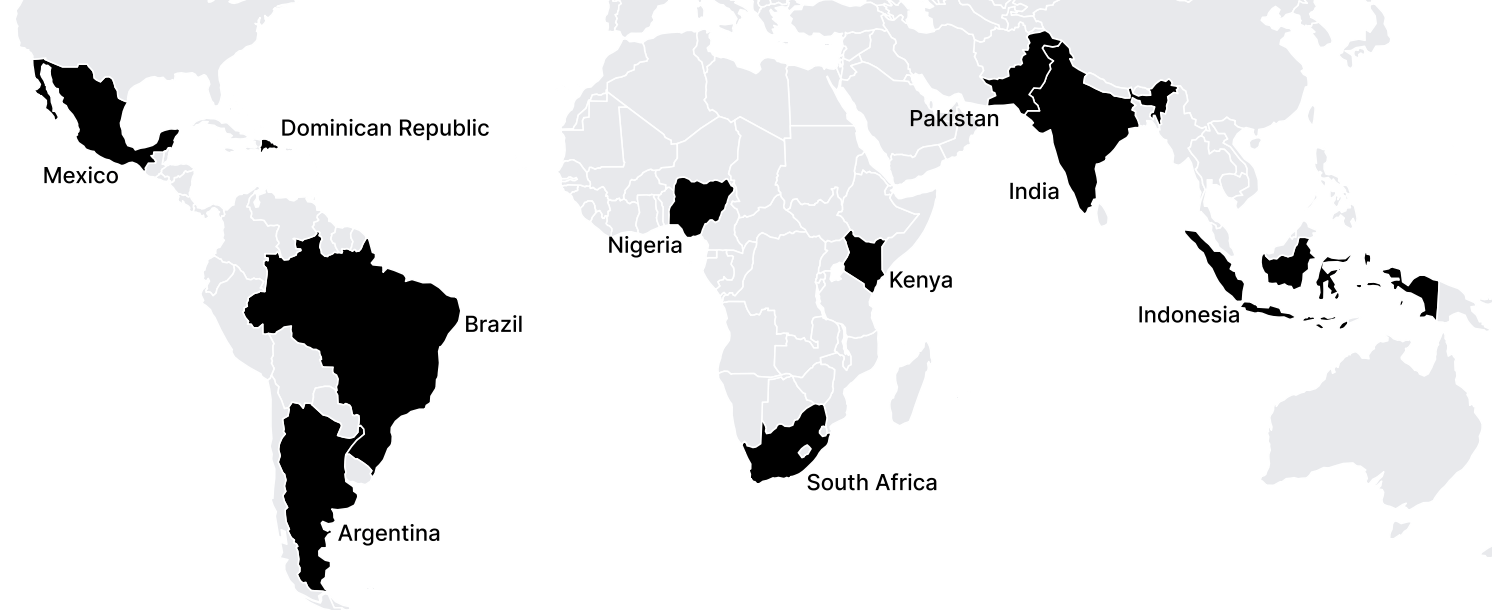 World map highlighting countries like Mexico, Dominican Republic, Brazil, with country names labeled near each shaded region.