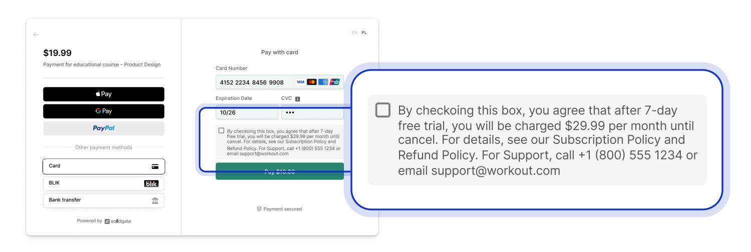 Payment form for an educational course showing $19.99 with payment options and a checkbox with a subscription agreement stating that after a 7-day free trial, users will be charged $29.99 per month until cancelation.