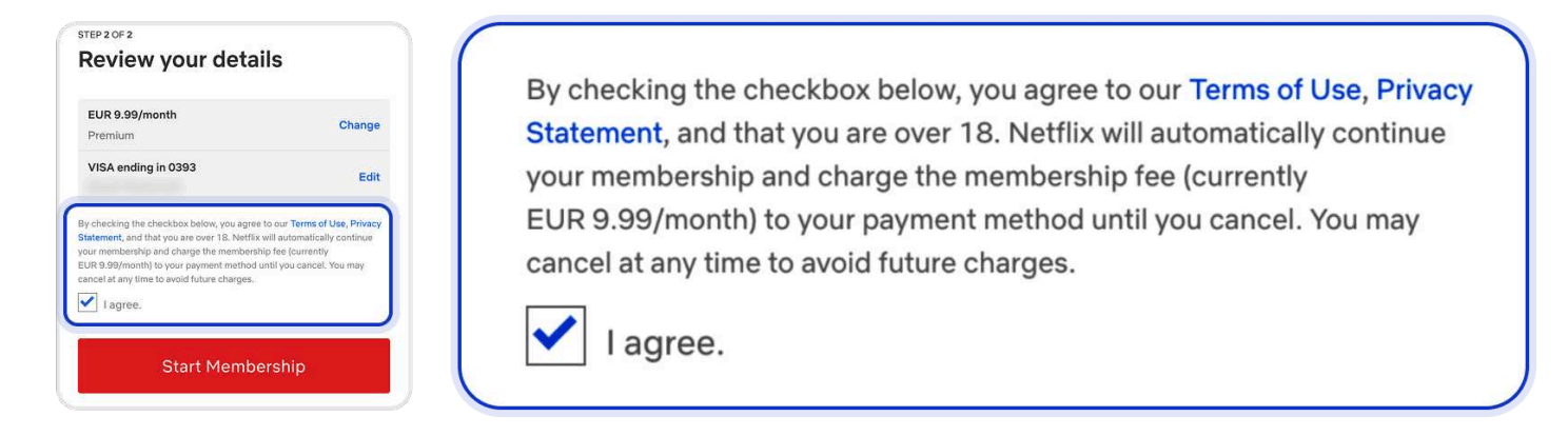 The checkout form with a small summarized text of user commitment.