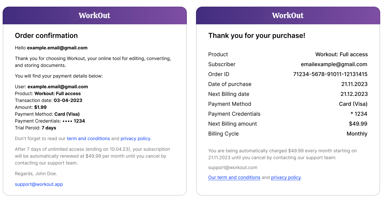 Two WorkOut order confirmation email examples with payment details.