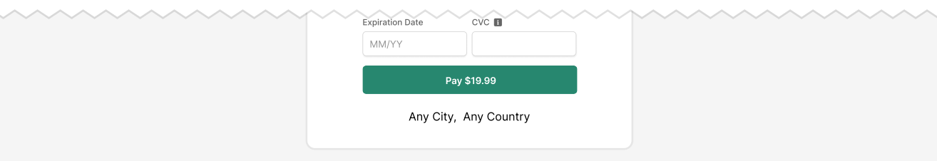 A payment form showing fields for expiration date and CVC code, a green 'Pay $19.99' button, and location text reading 'Any City, Any Country'.