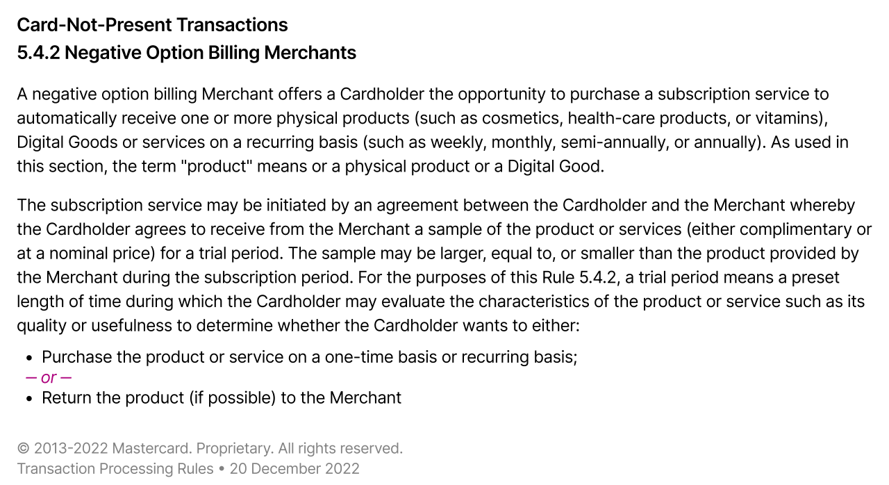 Mastercard definition of a negative option billing business.