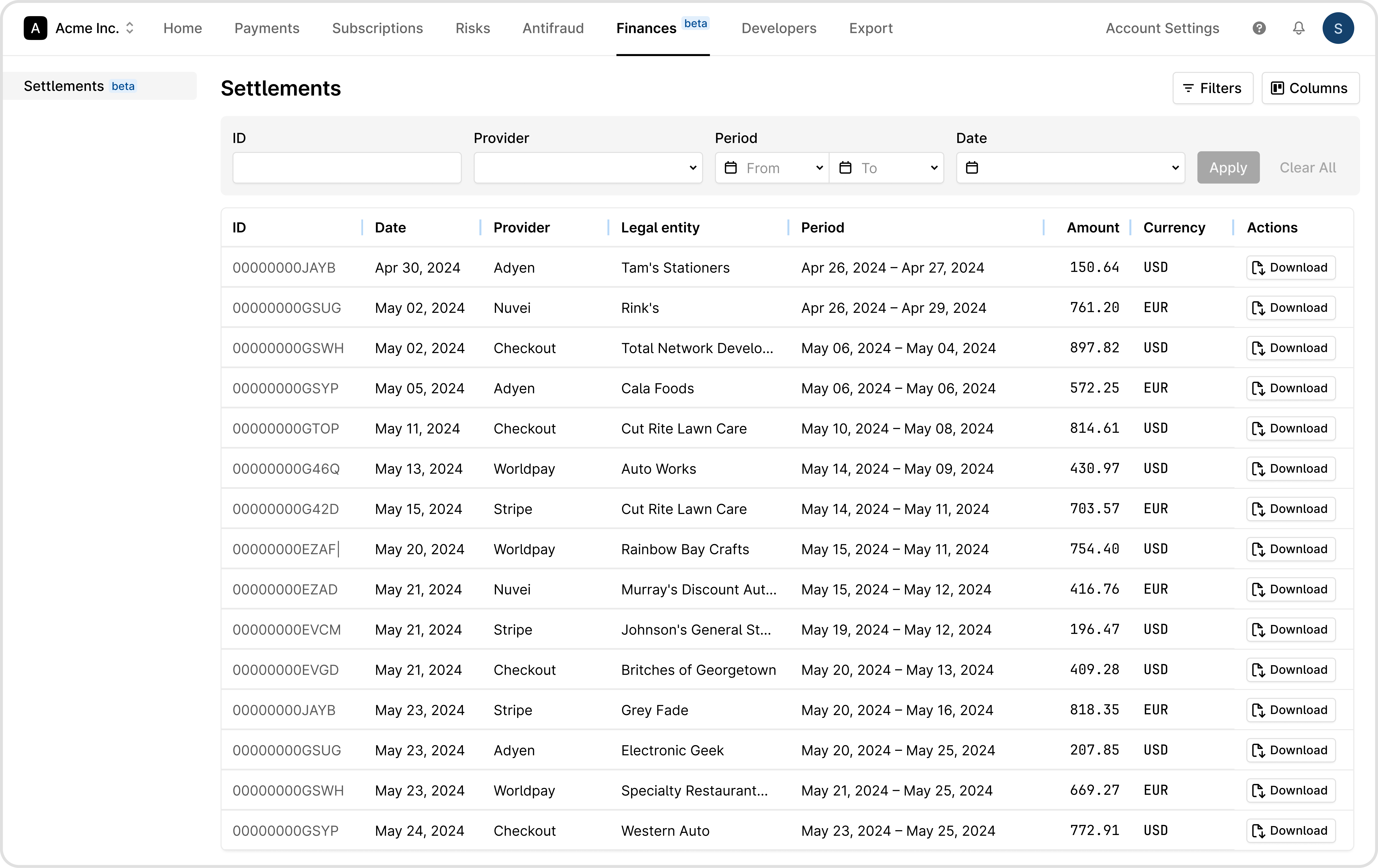 Settlements dashboard listing transaction records with filters for provider, period, and date, showing ID, date, legal entity, amount, currency, and download options.
