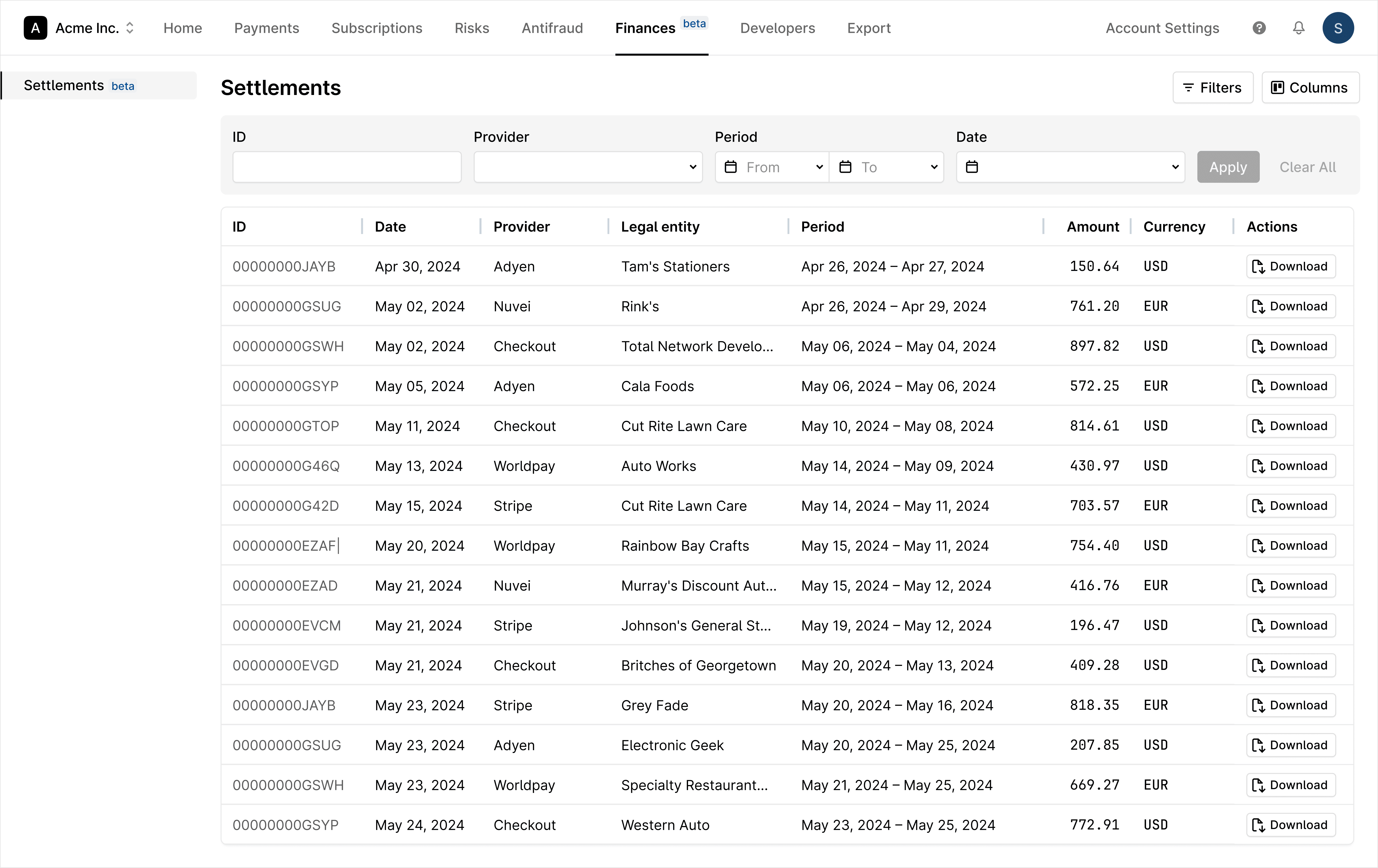 Settlements dashboard showing a searchable, filterable table of settlement records with provider, date, legal entity, period, amount, and download action.