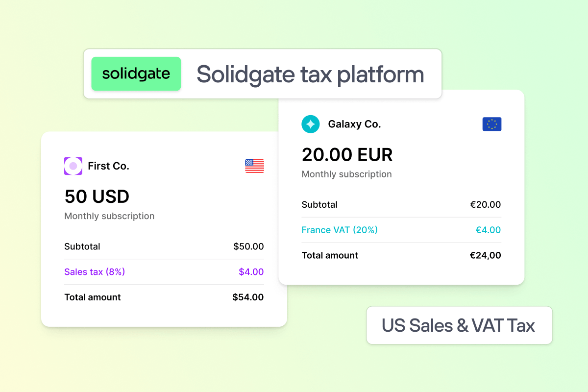 Solidgate tax platform interface showing transaction details with tax calculations for US Sales and VAT Tax, displaying amounts in USD and EUR.