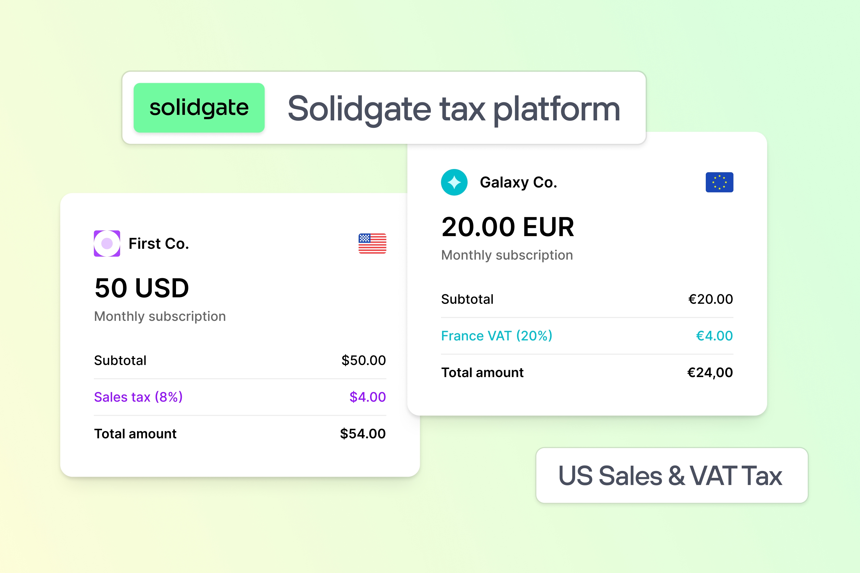 Solidgate tax platform interface showing transaction details with tax calculations for US Sales and VAT Tax, displaying amounts in USD and EUR.