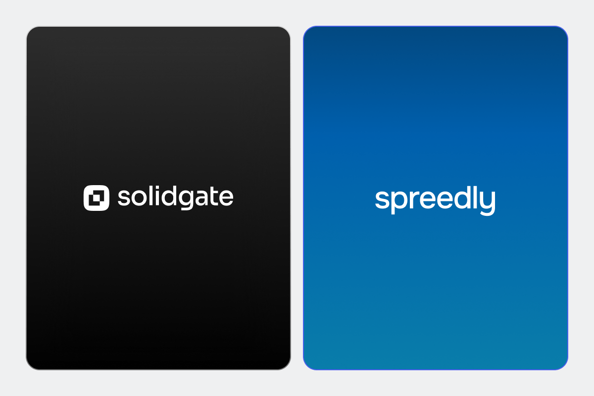 Two company logos side-by-side: Solidgate on black, Spreedly on blue.
