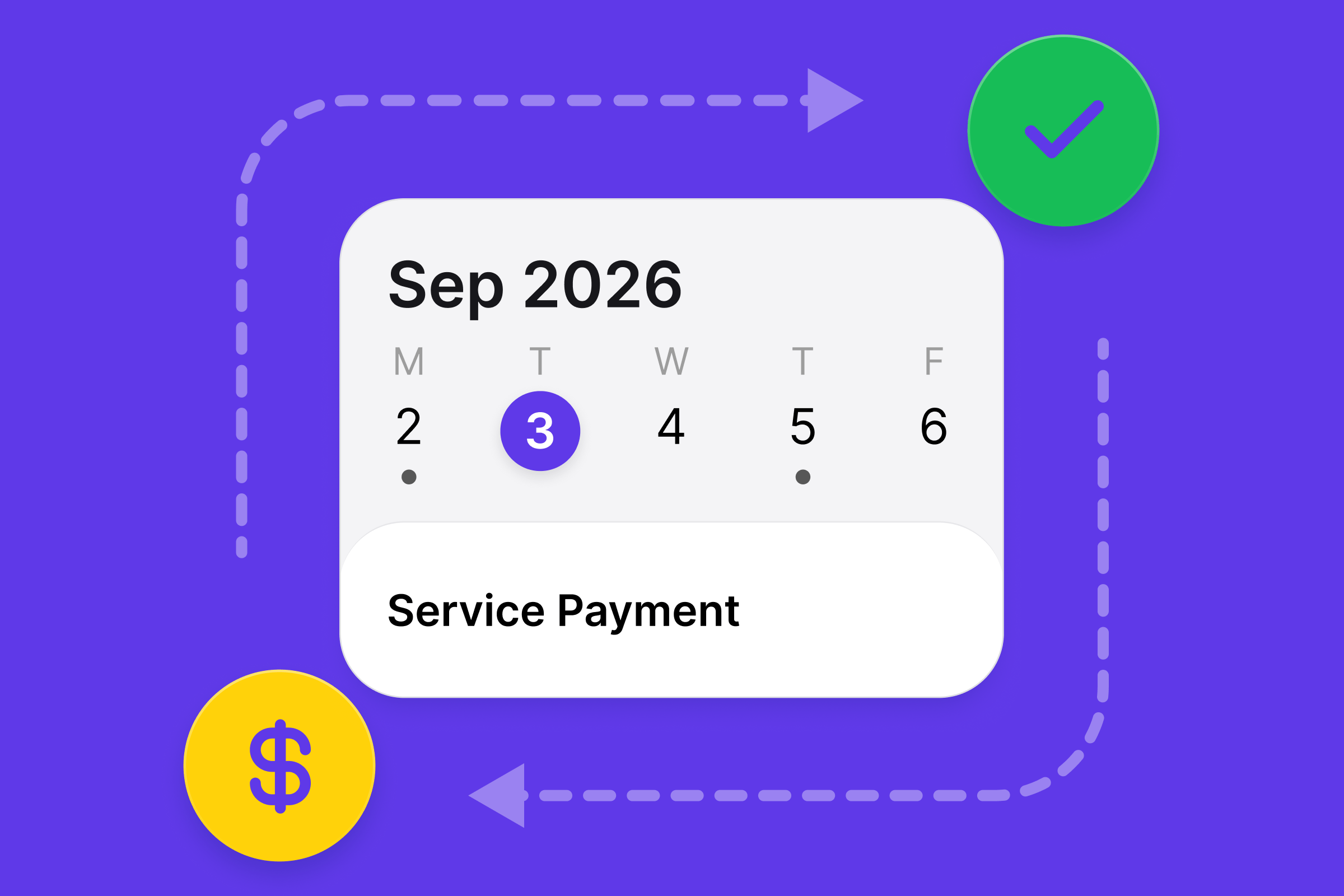 Calendar displaying Sep 2026, highlighting the 3rd for a "Service Payment" cycle.