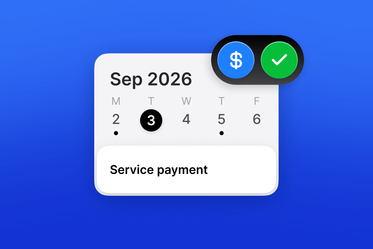 A digital calendar widget for September 2026 showing date 3 highlighted with 'Service payment' event.