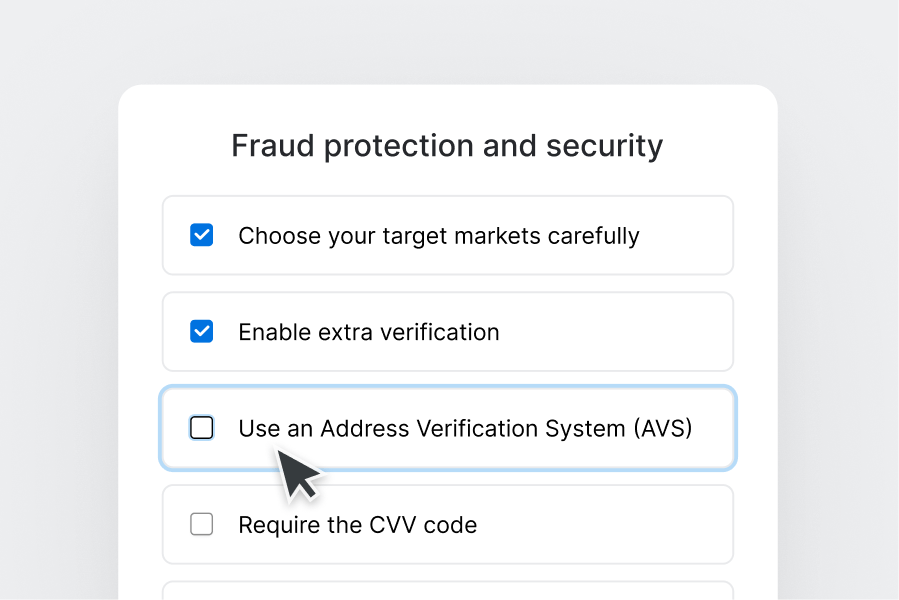 Checklist for fraud protection options: target markets, extra verification, AVS, and CVV, with AVS selected by cursor.