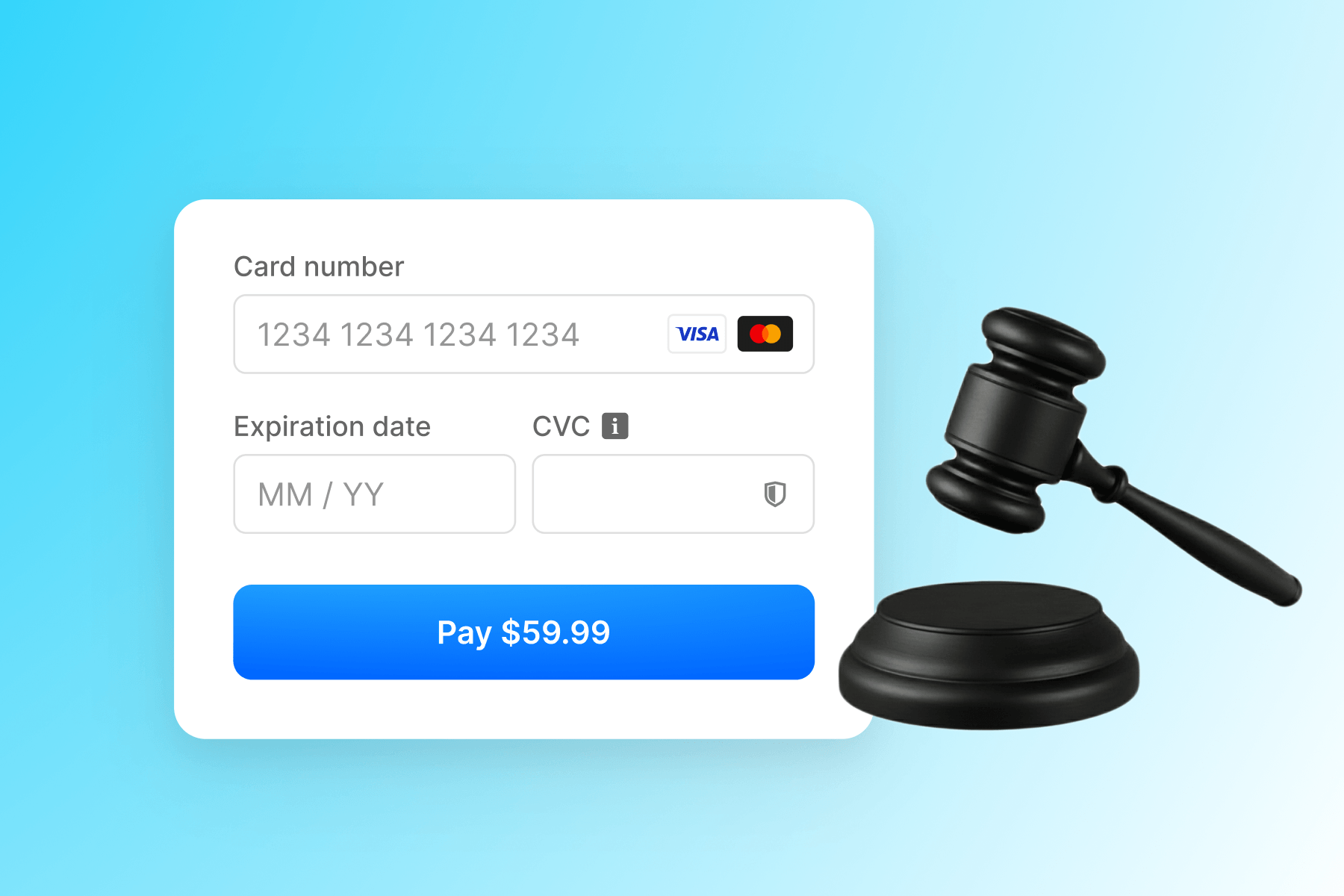 A payment form with a 'Pay $50.00' button next to a judge's gavel.