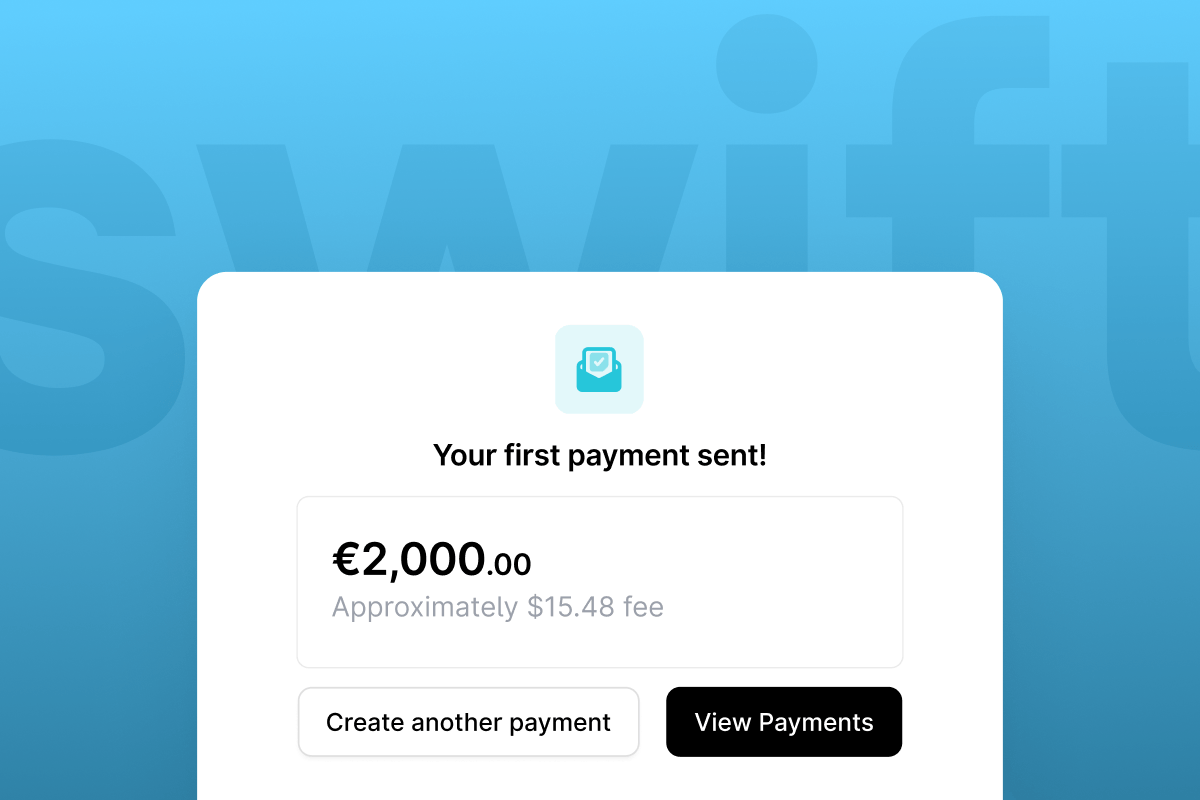 Payment confirmation screen showing a successful €2,000.00 transfer with a small fee.
