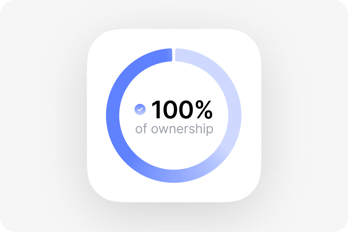 A circular graphic showing 100% of ownership with a checkmark in the center.