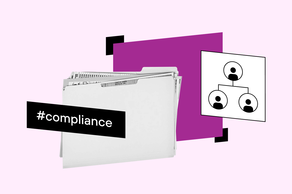 Folders labeled compliance next to an organizational chart icon, illustrating regulatory compliance and company structure.