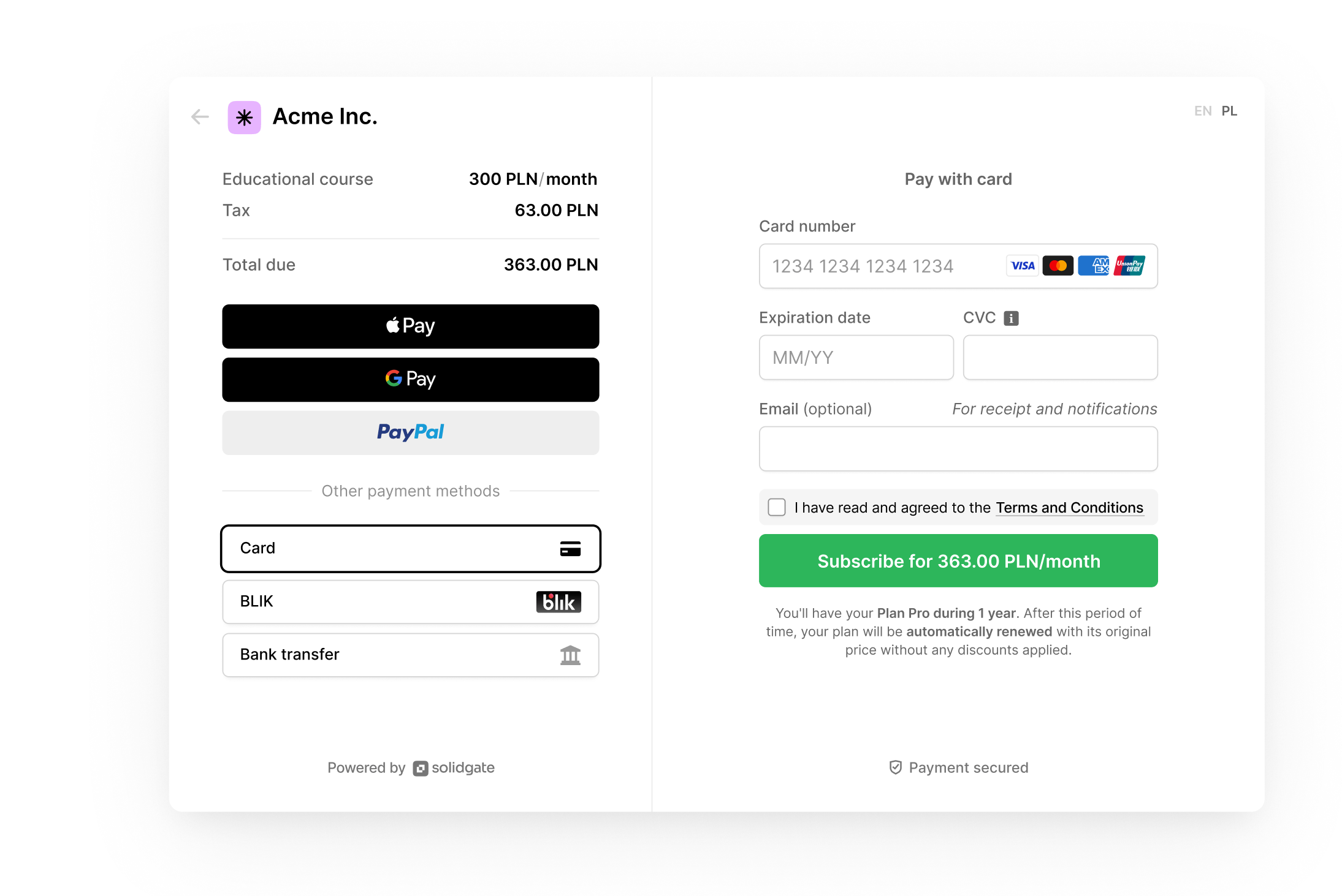 Checkout page with available fields and payment options.