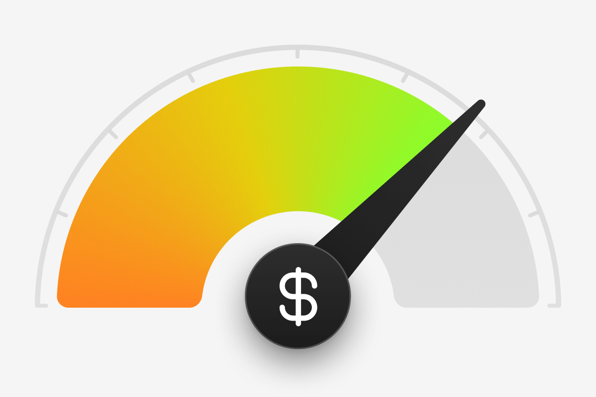 Gauge with dollar sign needle pointing to the green, indicating good financial health.