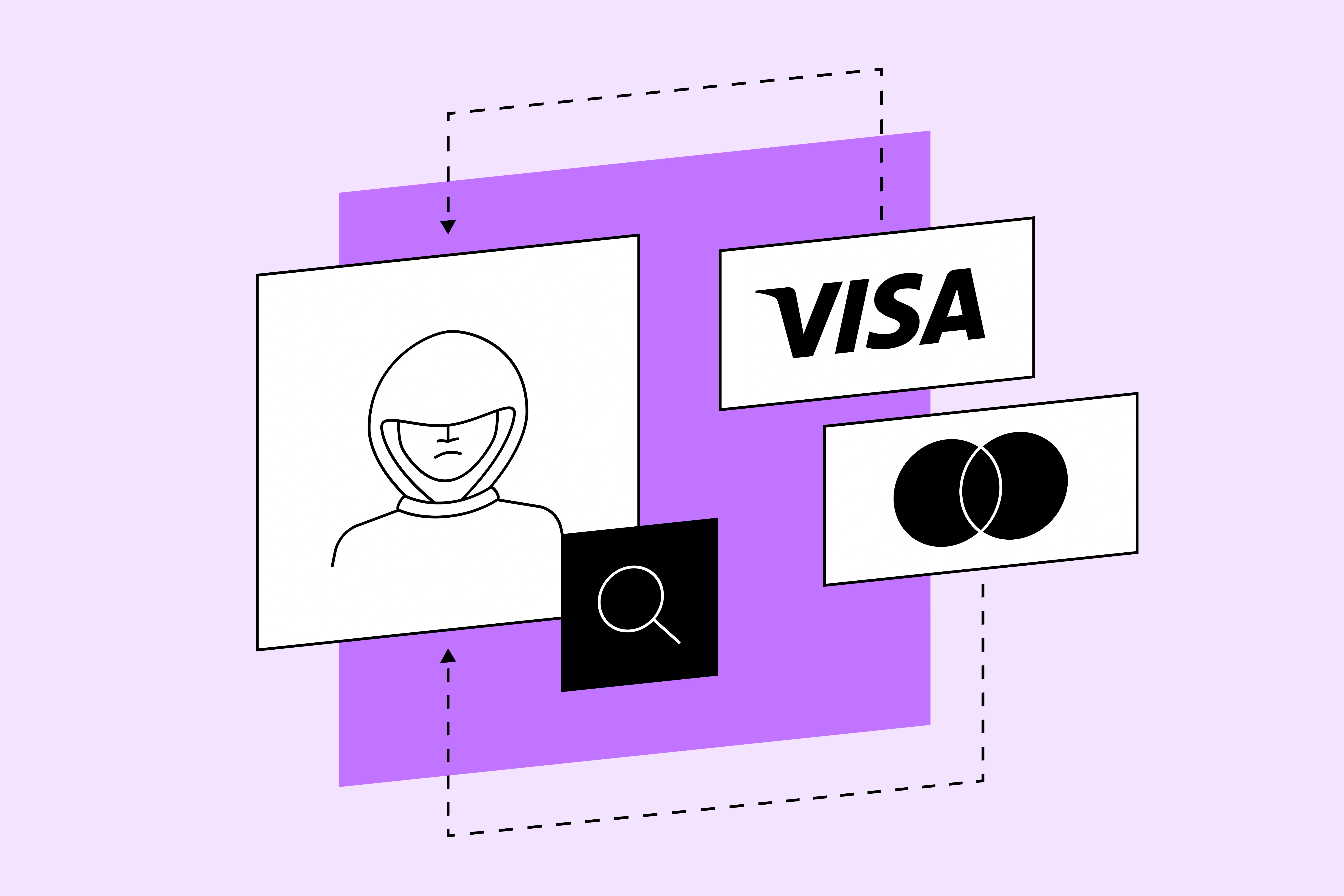 Illustration with fraud/chargeback risk icons for Visa and Mastercard, including a magnifying glass and a masked person.