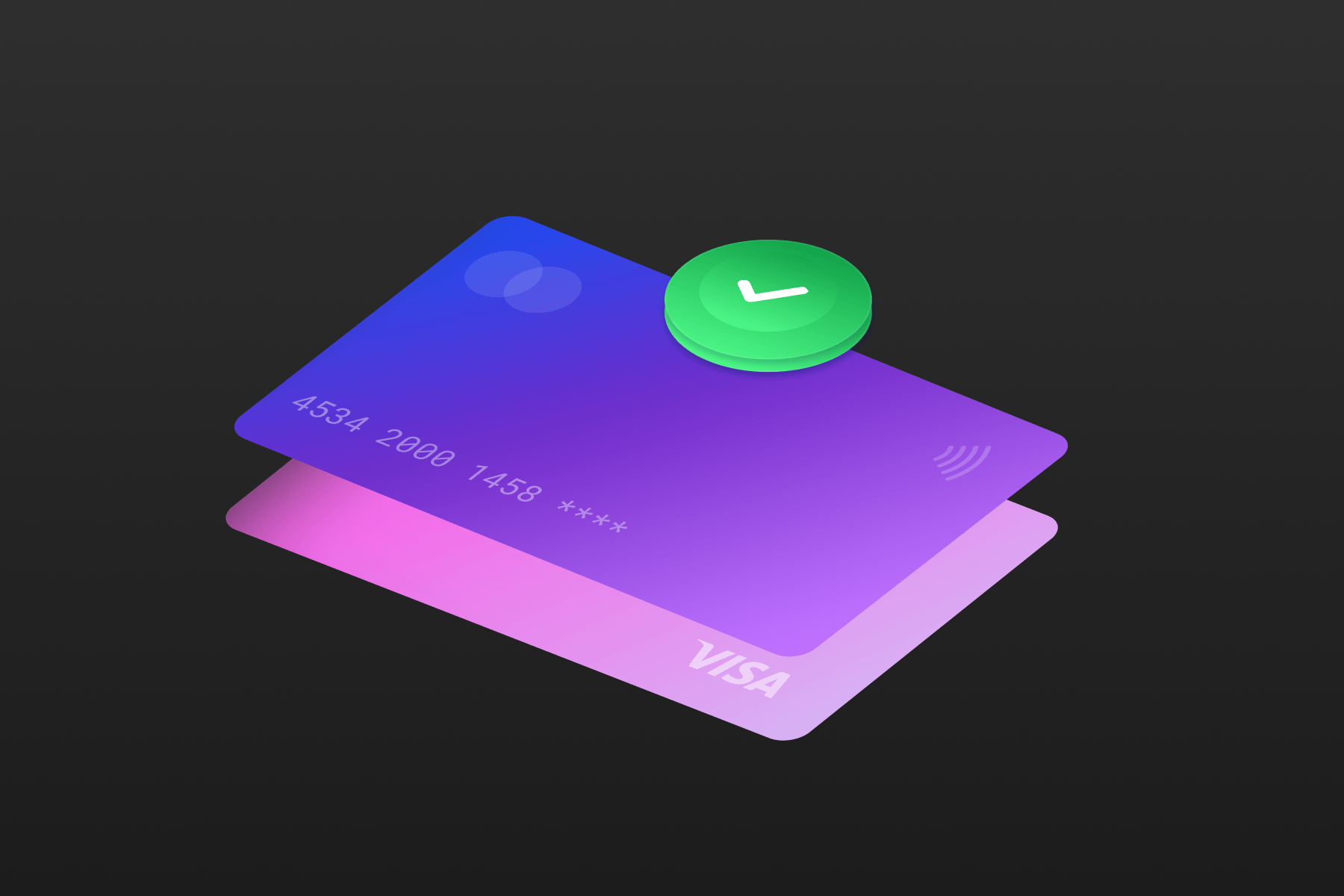Two credit cards, a Mastercard and a Visa, stacked with a green checkmark icon.
