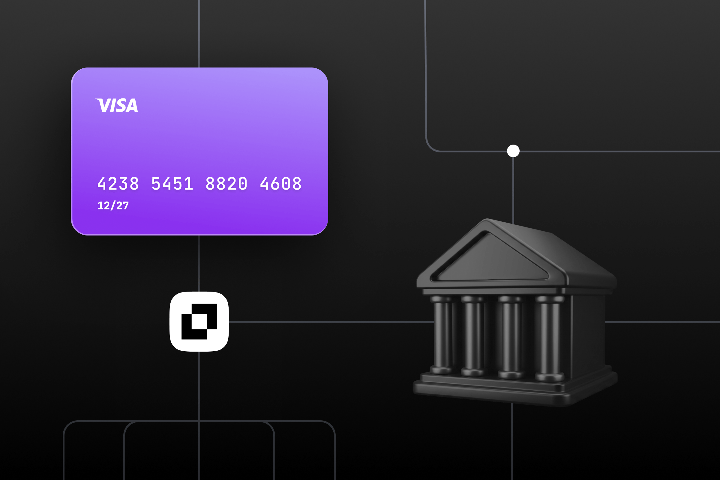 A purple Visa credit card next to a bank building icon, representing financial transactions.