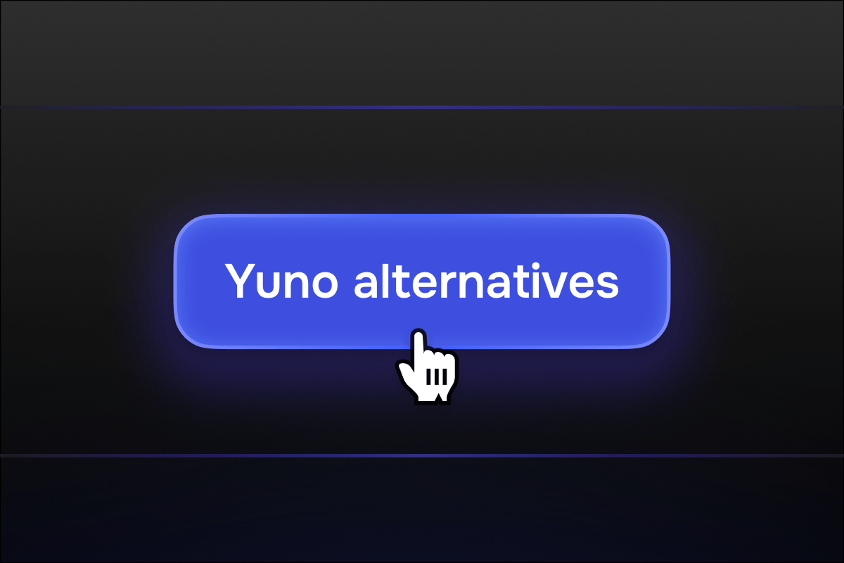 A blue glowing button with 'Yuno alternatives' text is clicked by a mouse cursor.
