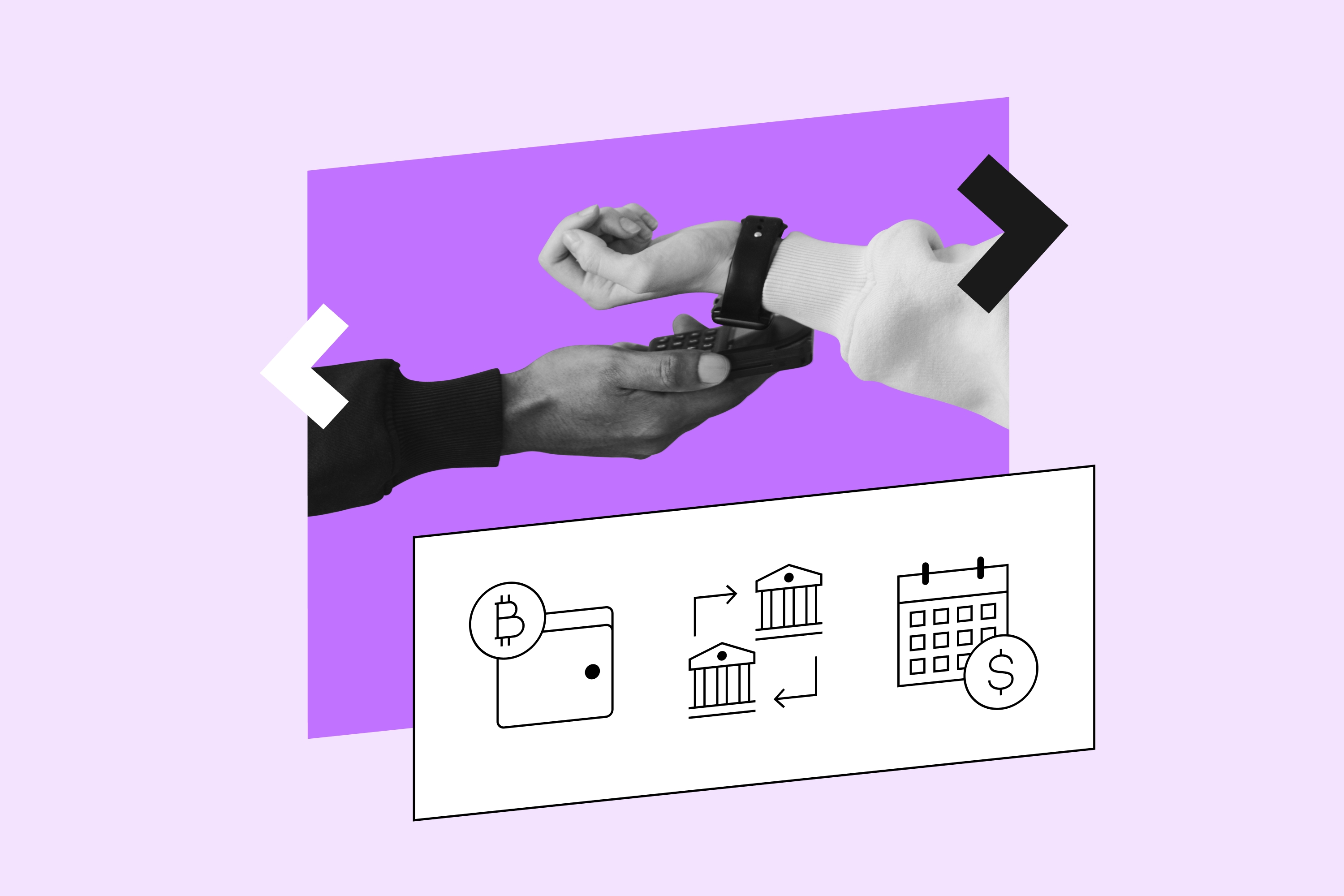 Illustration of wearable payments: two arms with smartwatches, icons for wallets, bank transfers, and installment payments.