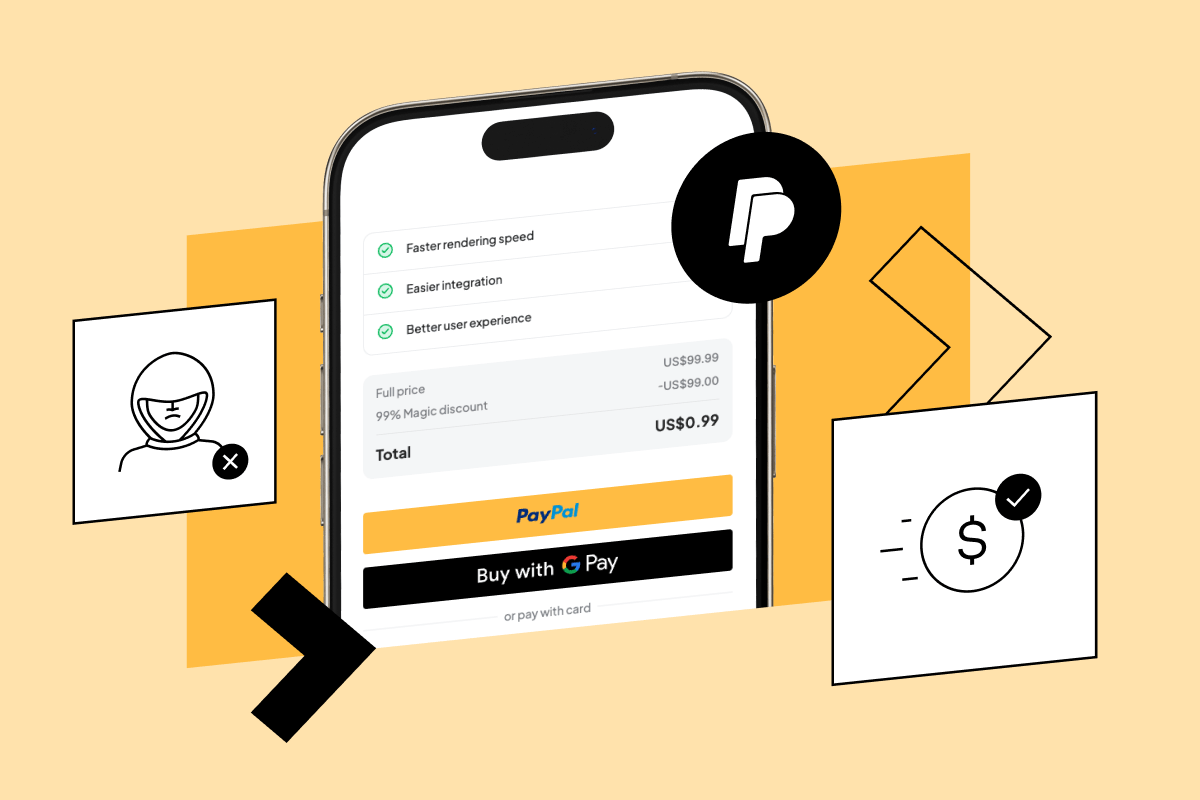 A smartphone checkout screen with PayPal and Google Pay options, plus icons for buyer protection and secure payment.