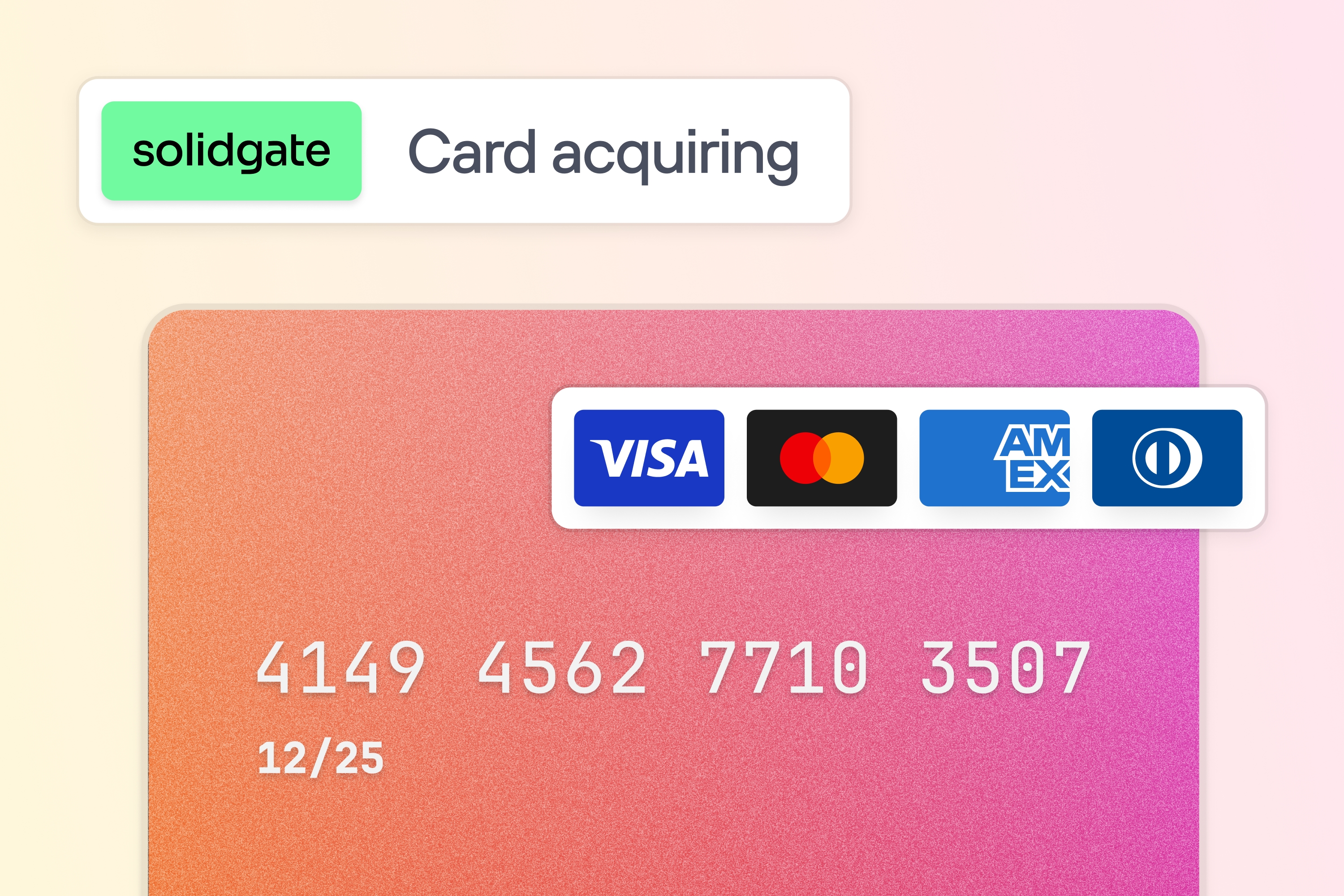 Solidgate card acquiring cover image with colorful payment card, displaying Visa, Mastercard, Amex, and Diners Club logos and partial card number and expiry date.