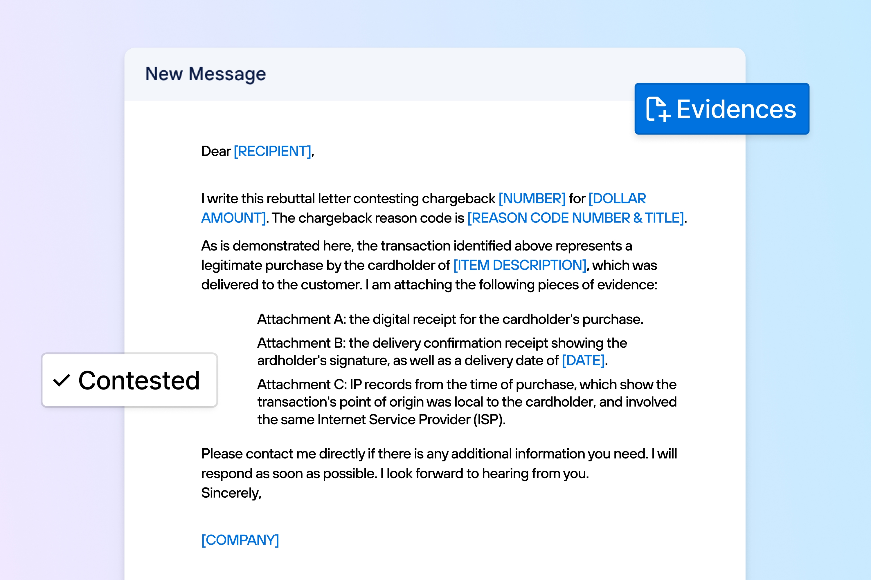 Email template for contesting a transaction, with highlighted fields for inserting recipient, amount, and purchase details.