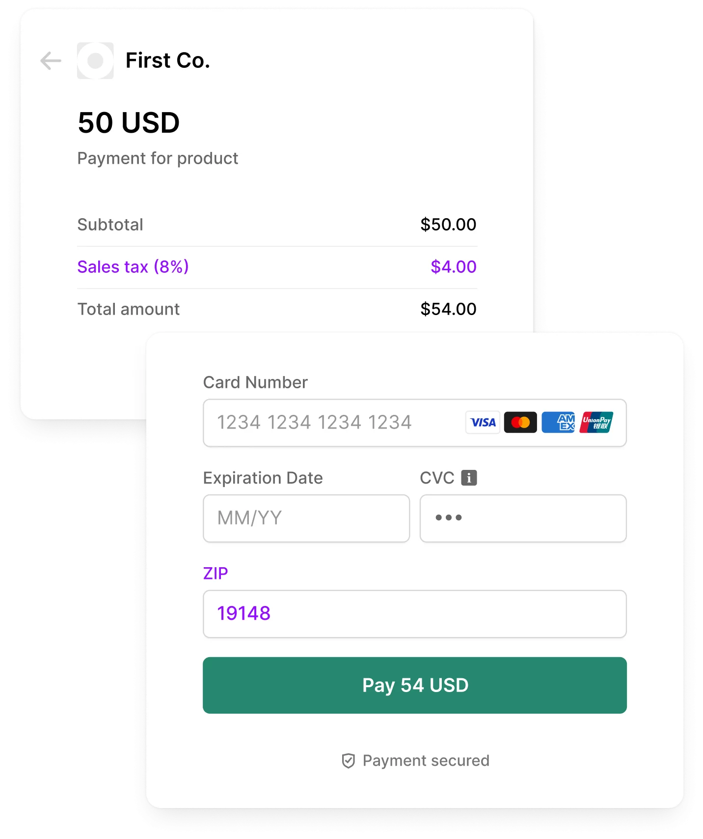 Payment checkout page, showing a $50 subtotal, $4 sales tax, total $54 amount, and a card entry section with card type logos and secured payment notice.