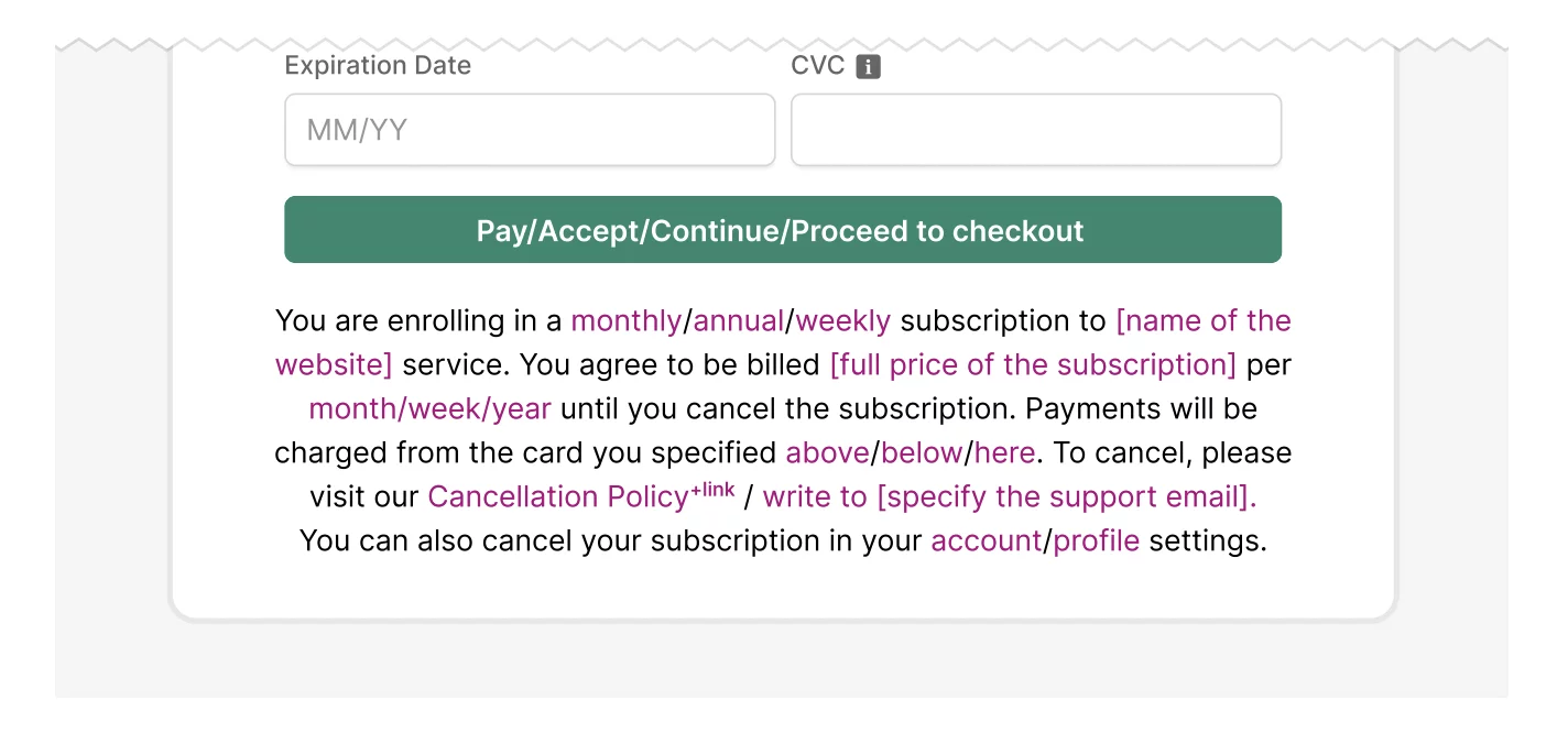 Example of subscription confirmation wording with monthly, annual, or weekly billing and cancellation policy details.