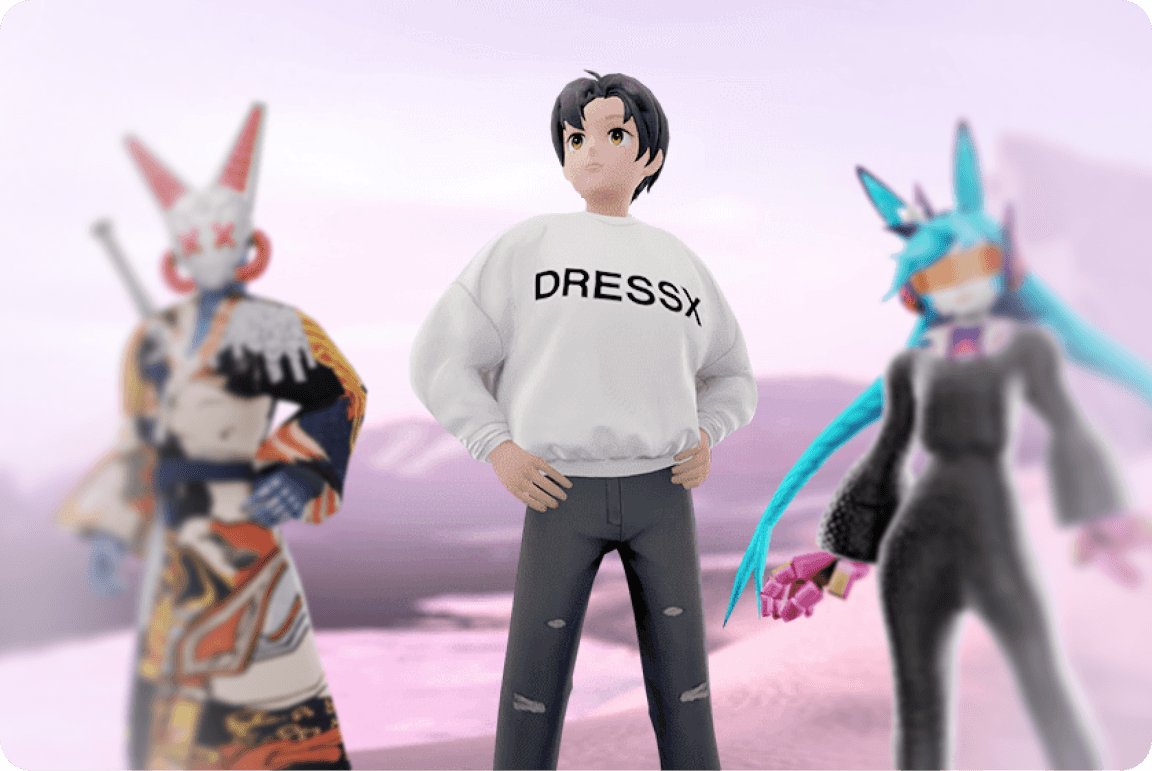 Digital avatar in a DRESSX sweatshirt stands between two blurred, stylized virtual characters.
