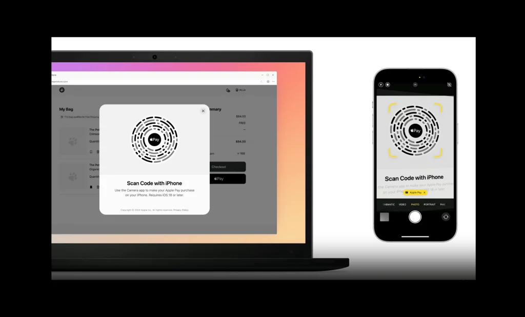 Laptop screen displays an Apple Pay QR code for checkout, with an iPhone scanning the code to complete a payment.